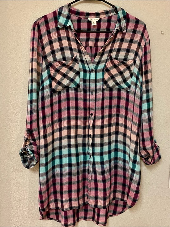 Cato Tops - Caro Multicolor Plaid Button-Up Tunic Shirt - Size Large - EUC!